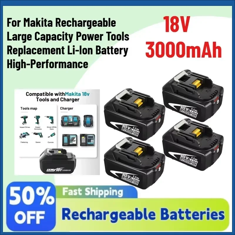 In Stock 18V 3000mAh Battery for Makita Rechargeable Large Capacity Power Tools Replacement Li-Ion Battery High-Performance