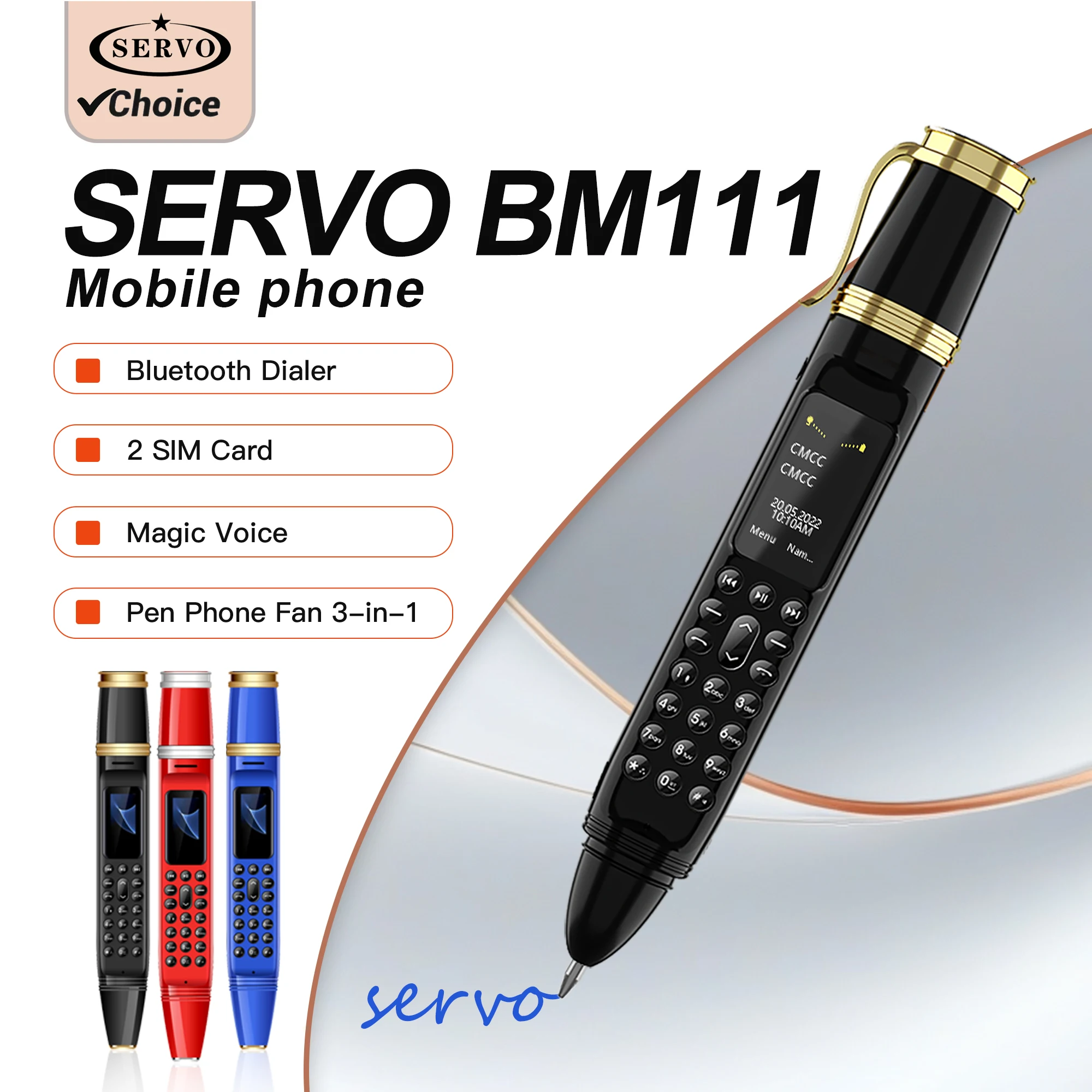 Low Price Sale SERVO BM111 3-in-1 Mobile Phone Pen Phone Portable Fan Magic Voice Bluetooth Dial Small Feature Cellphone FMRadio