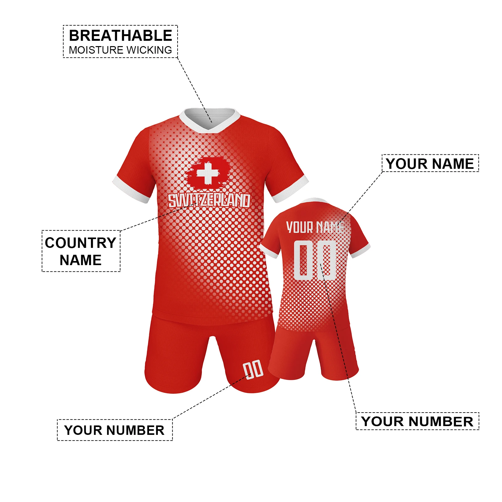 Switzerland Custom Kids Football Jersey Kit Personalized Name Number Soccer Uniform Youth Training Outfit Boys Girls Fans Gift