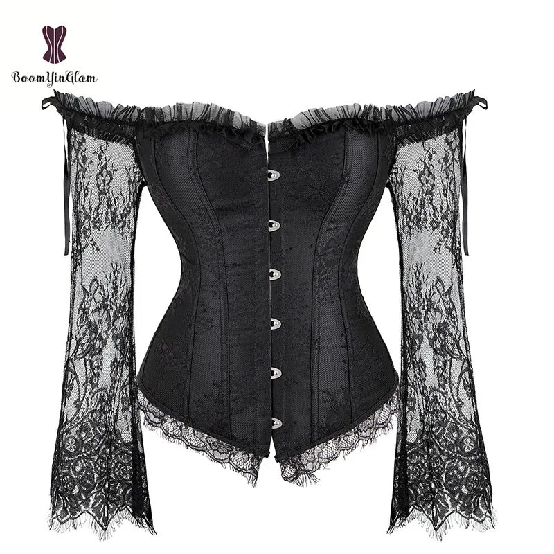 Long Floral Sleeves Women's Sexy Gothic Victorian Corset Vintage Lace Up Bustier Off Shoulder Corsets Overbust Top