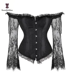 Lange Floral Ärmeln frauen Sexy Gothic Victorian Korsett Vintage Lace Up Bustier Off Schulter Korsetts Overbust Top