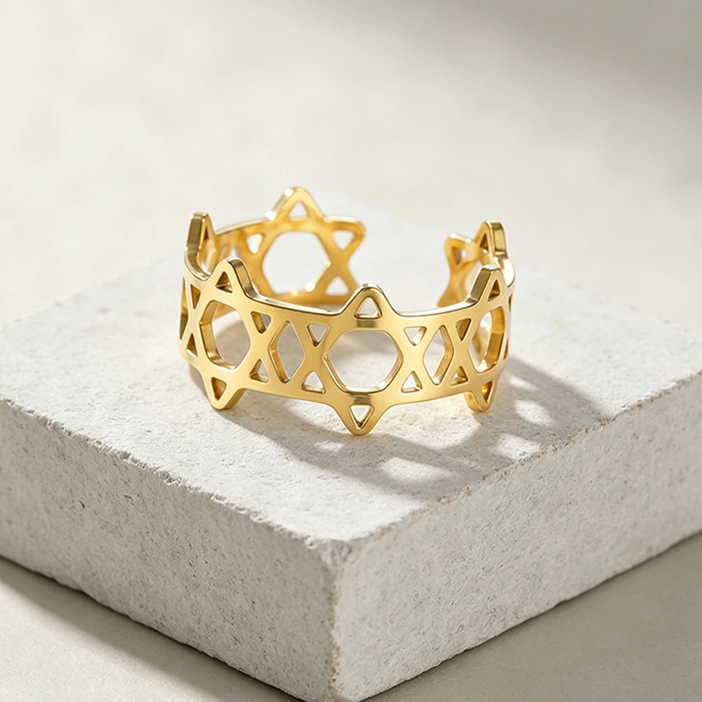 David Star Open Ring Hollow Hexagram Star Magen David Adjustable Finger Ring Minimalist Jewish Symbol Fashion Jewelry Gift Women