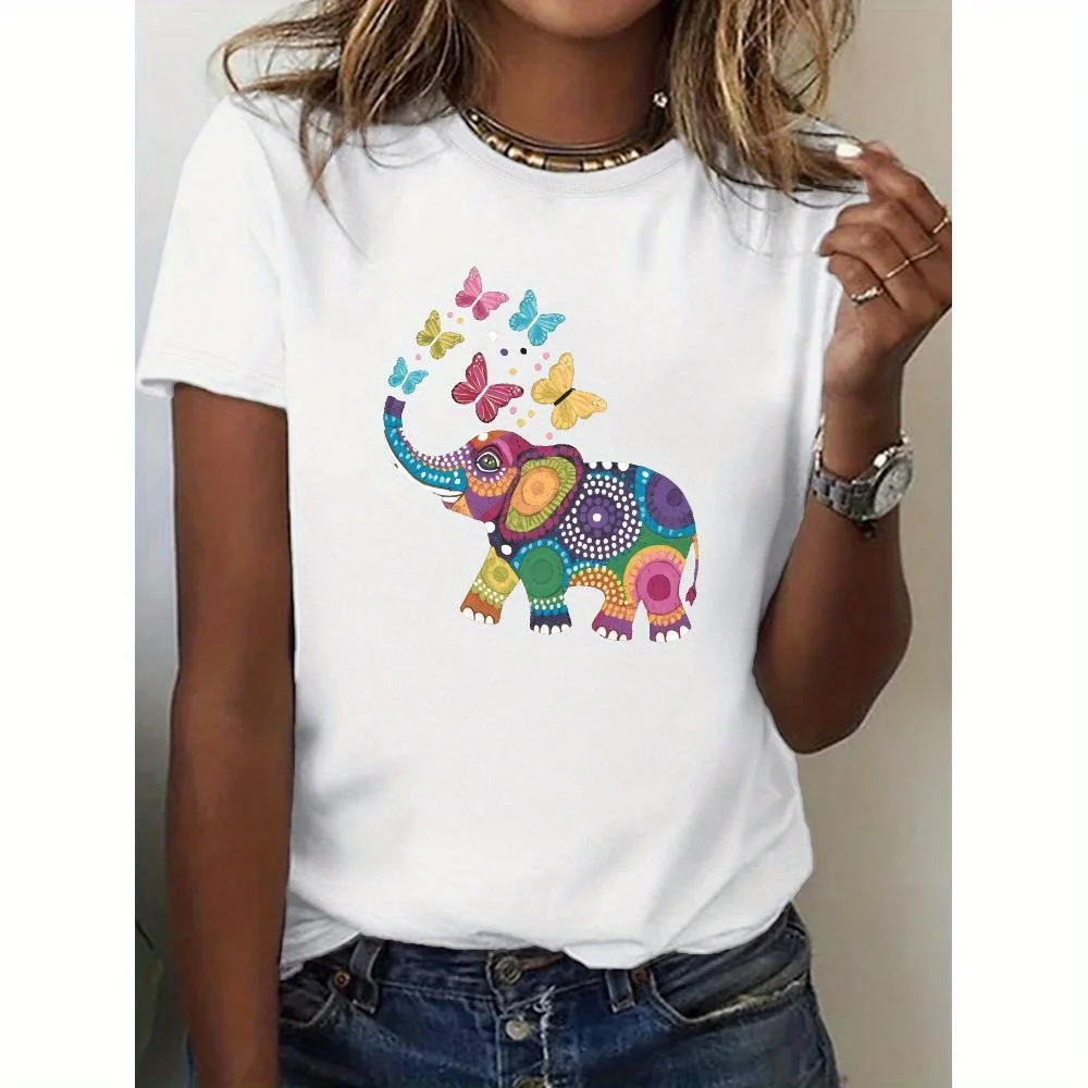 

Creative Colorful Elephant Butterfly Printed Summer Women's T-shirt Top Short Sleeve Round Neck Soft Comfortable Casual Clothing