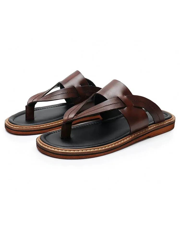 Summer New Mens Outside Cow Leather Sandals Vintage Flip Flops Slip On Slippers Comfortable Flats Antiskid Casual Beach Shoes