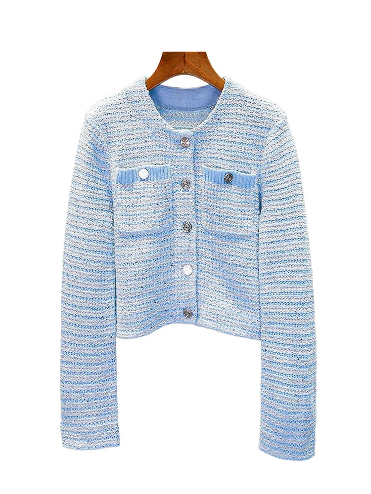 M 홈 난 유 고급 여성 니트 가디건 2025년 봄 초시즌 스몰 프래그런스 스타일 블루 화이트 스트라이프 재킷