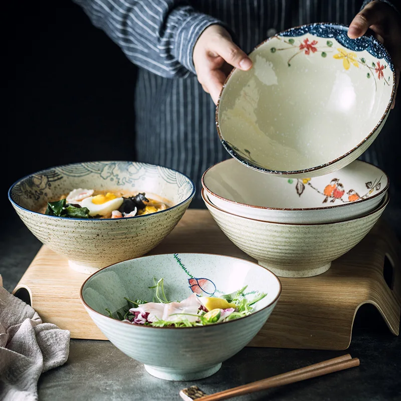 

Creative Trumpet Japanese Style Ramen Bowl, Household Soup Noodles Ceramic, Large Rain-Hat Shaped Bowl, Tableware Suit