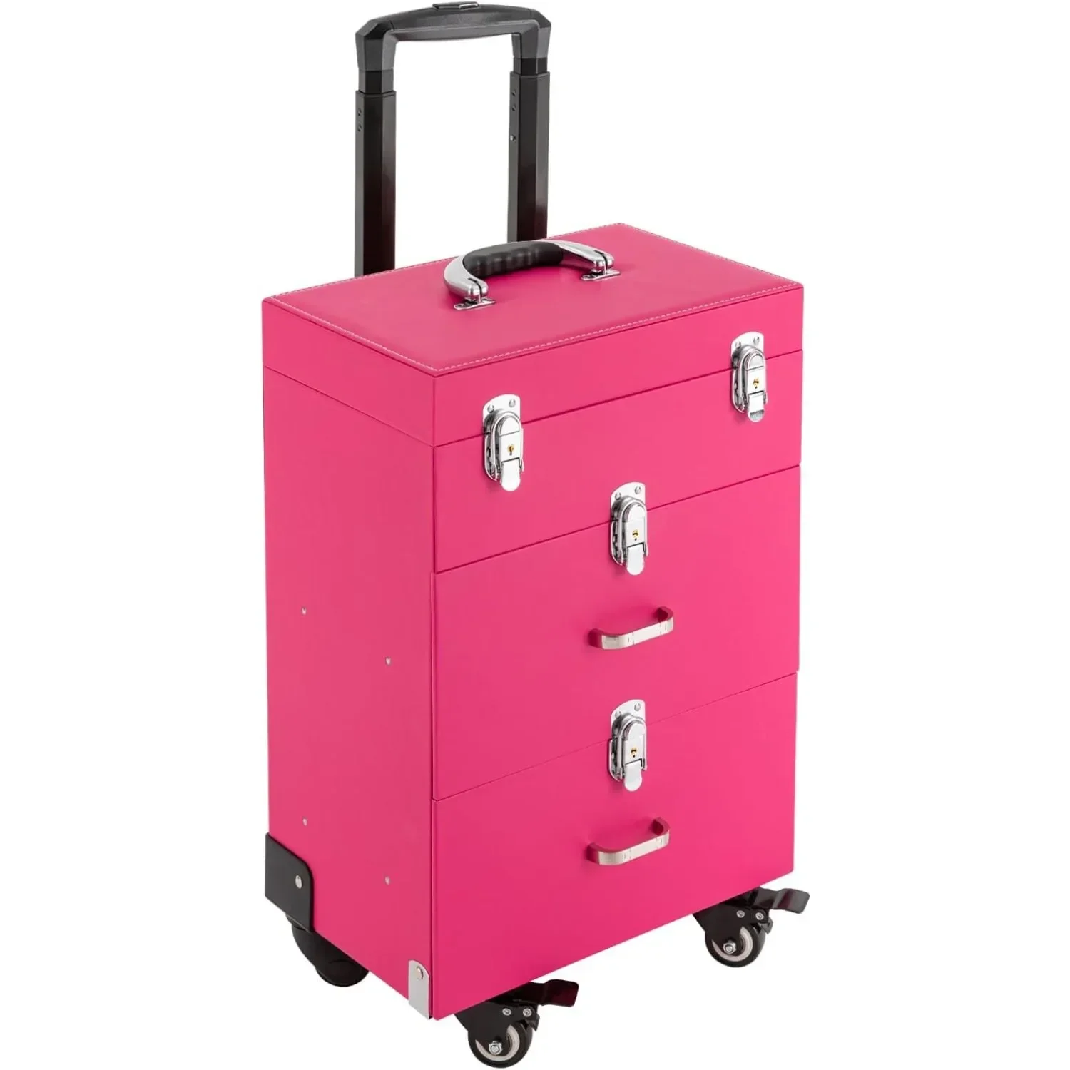 Rolling Makeup Train Case, Lockable Portable Cosmetic Organizer Trolley with 2 Drawers 4 Retractable Trays, Rose Pink