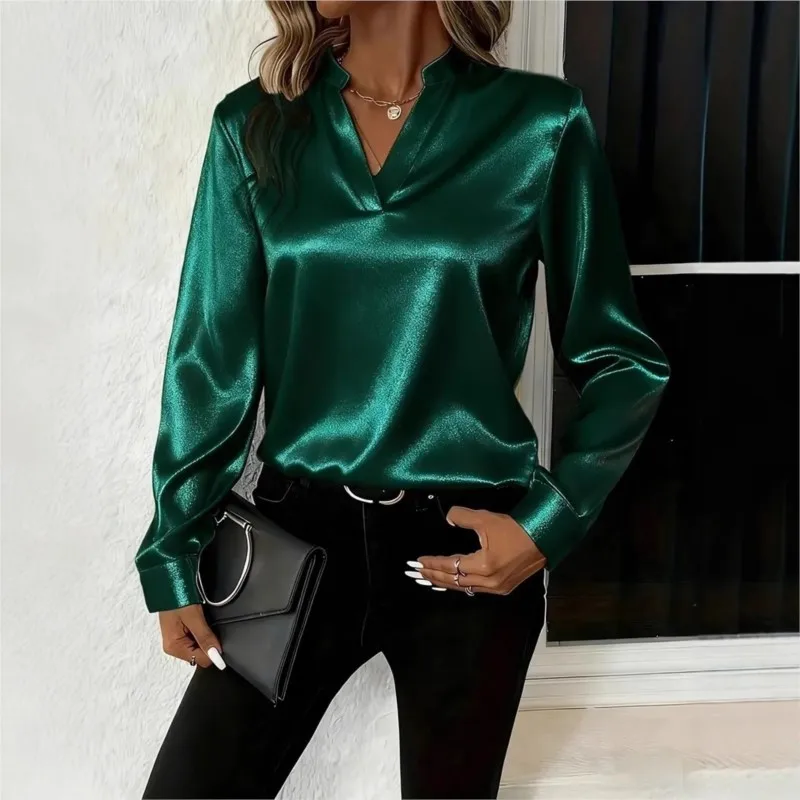 Simples elegante camisa feminina primavera outono cetim cor sólida com decote em v manga comprida camisa solta blusa deslocamento para roupas femininas