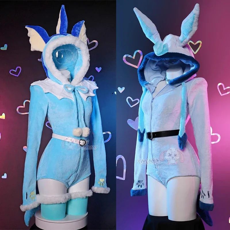 Mono de franela con capucha y calcetines de cola para mujer, traje de cosplay de Vaporeon Sexy, kawaii pijama de felpa de conejito, mono lindo, accesorios para mujer