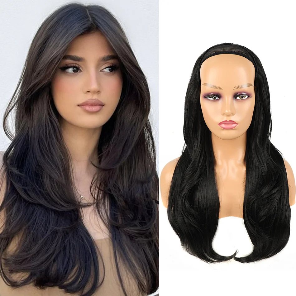 U-جزء شعر مستعار اصطناعي متموج الشعر التمديد كليب في 3/4 كامل رئيس كاذبة آدمي براون أسود 24 بوصة شعر مستعار طويل للنساء #1