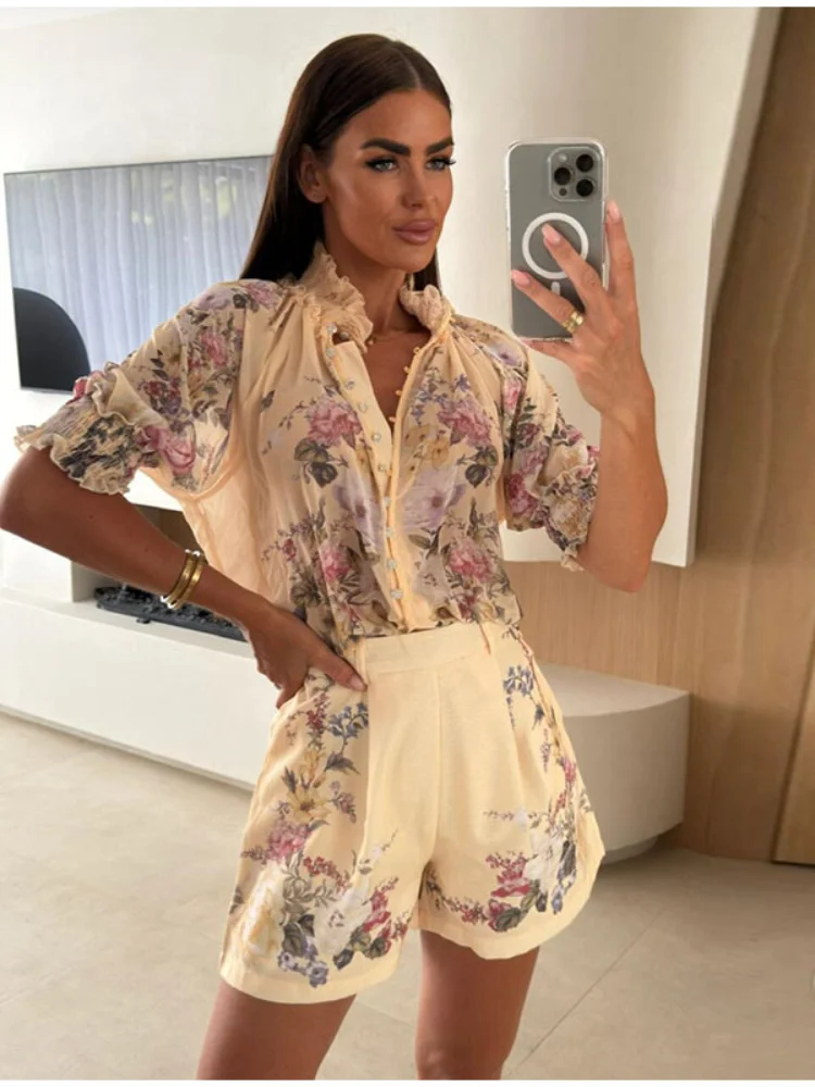 

Fashion Women Floral Printed Shorts Set Elegant Single Breasted Short Sleeve Ruffled Shirt High Waist Shorts Set Summer New Suit