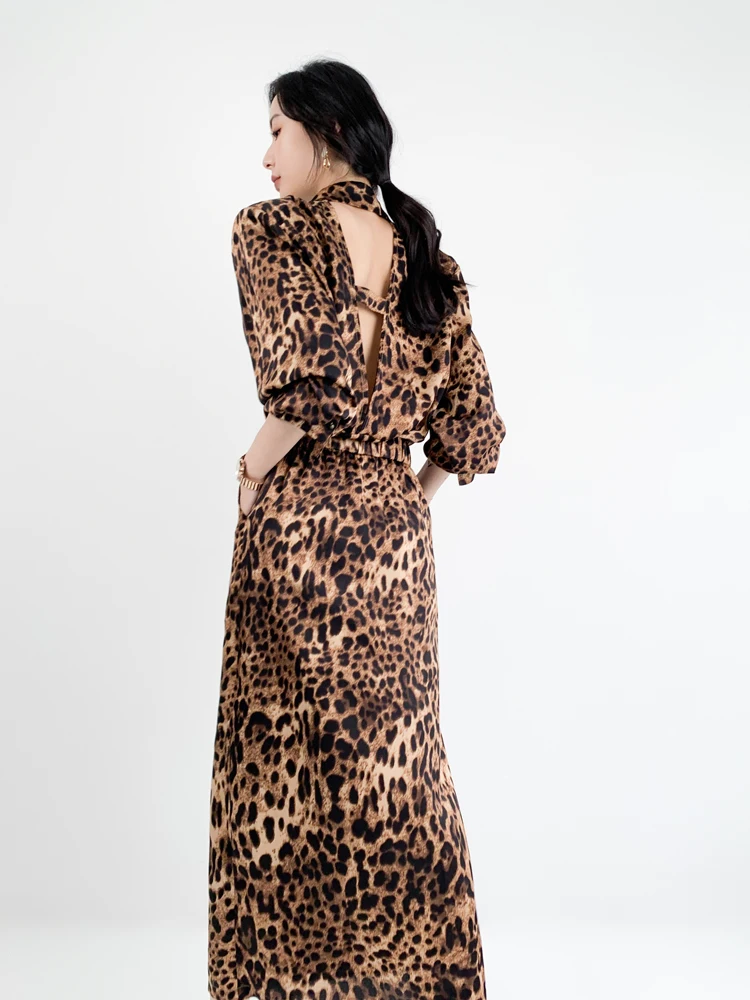 

Aksaya Sexy Backless Leopard Print Long Sleeve Shirt And Half Skirt Two-Piece Set Women's Autumn Fashion Retro High-End
