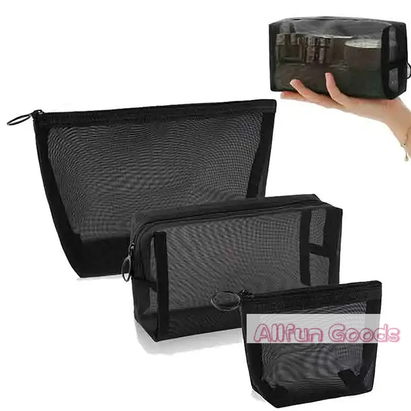 [T5]Mesh Clear Cosmetic Bags Small Large Black Makeup Bag Portable Travel Toiletry Organizer Case Lipstick Storage Pouch