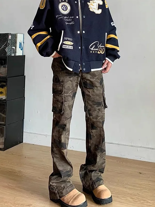 

American Sle Camouflage Pants Men's Trendy High Waist Straight Leg Slimming Micro Flared Pants Multiple kets Casual Trou...