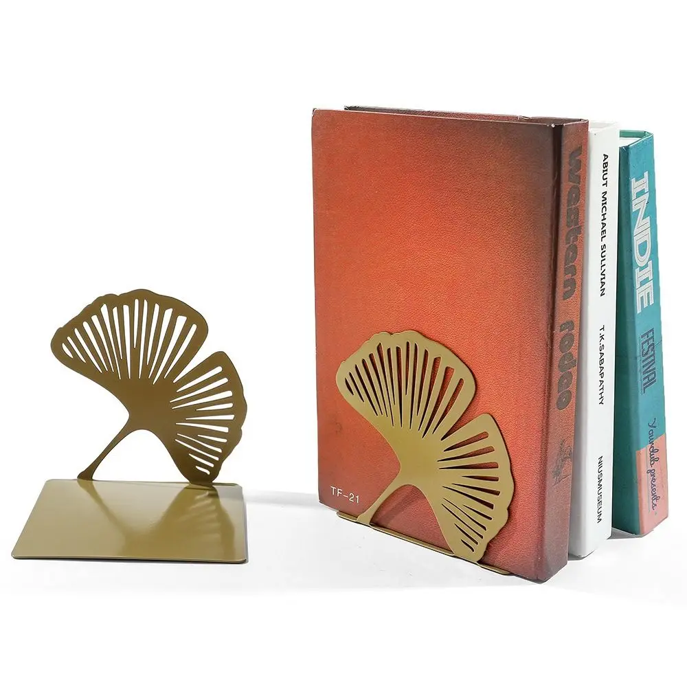 Modern Stylish L-shaped Folding Bookends Hollow Out Light Luxury Ginkgo Leaf Bookshelf Weighted Durable Metal Book Rack Students