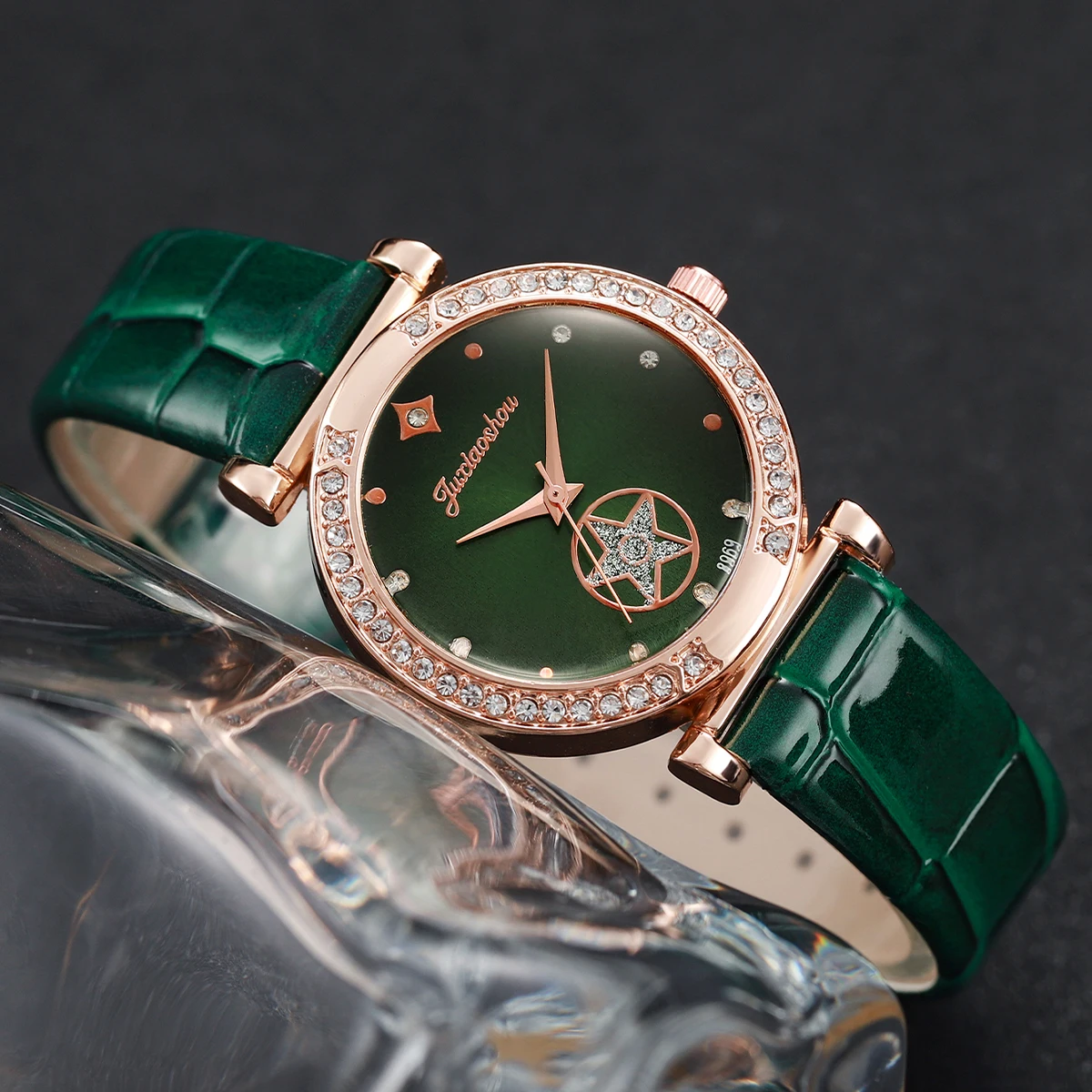 6 stks/set Dames Groen Lederen Band Quartz Horloge met Diamanten Sieraden Set