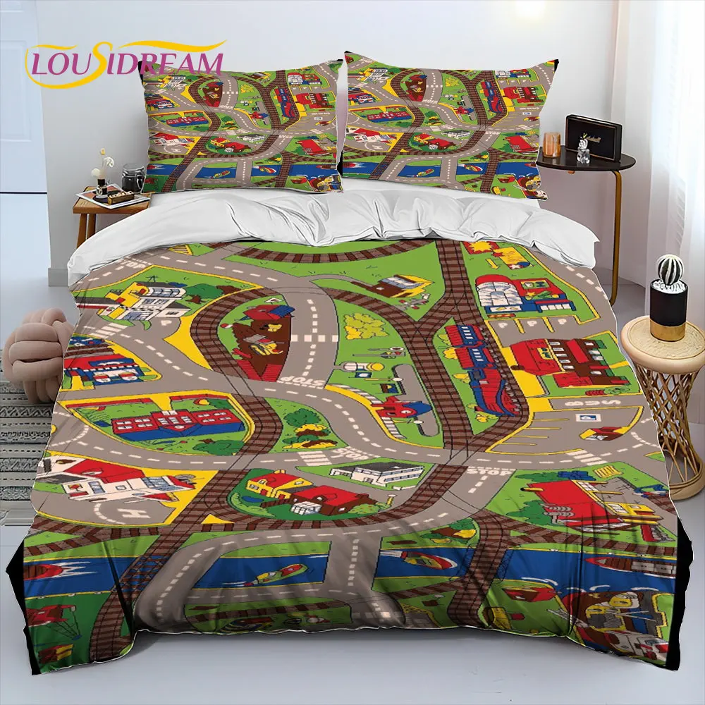 Child Highway City Traffic Comforter Bedding Set,Duvet Cover Bed Set Quilt Cover Pillowcase,King Queen Size Bedding Set for Kids