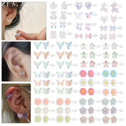 ZEMO 3-36pairs/lot Resin Ear Studs CZ Crystal Stud Earrings Bowknot Flower Star Heart Cartilage Helix Piercing Jewelry Set 0.9MM