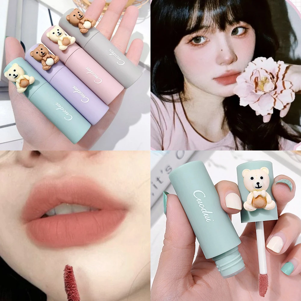 Dark Cherry Red Velvet Matte Liquid Lipstick Blush Waterproof Long Lasting Cute Bear Lip Gloss Non-Stick Cup Lip Tint Mud Makeup