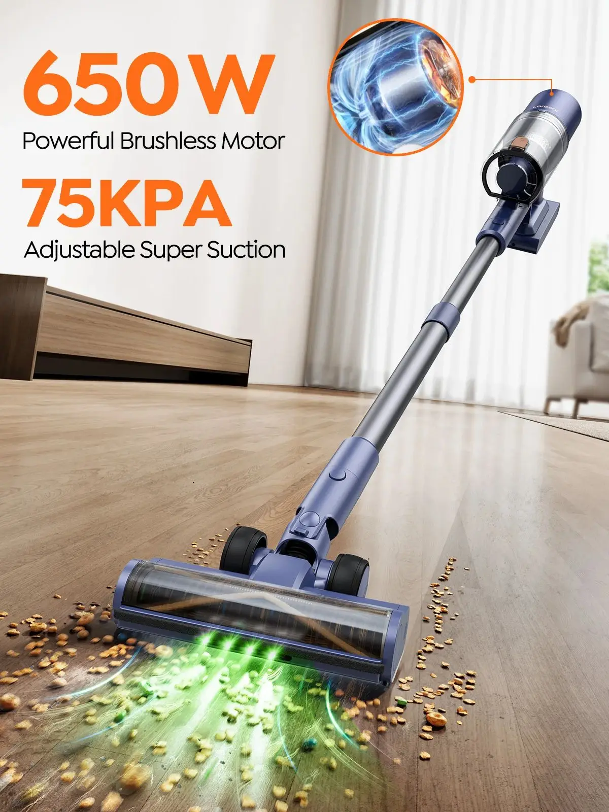 Laresar V11 650W 75000PA Ultrasterke draadloze stofzuiger, 90 min lange looptijd, verwijderbare batterij en slimme displaystofzuiger - afbeelding 2