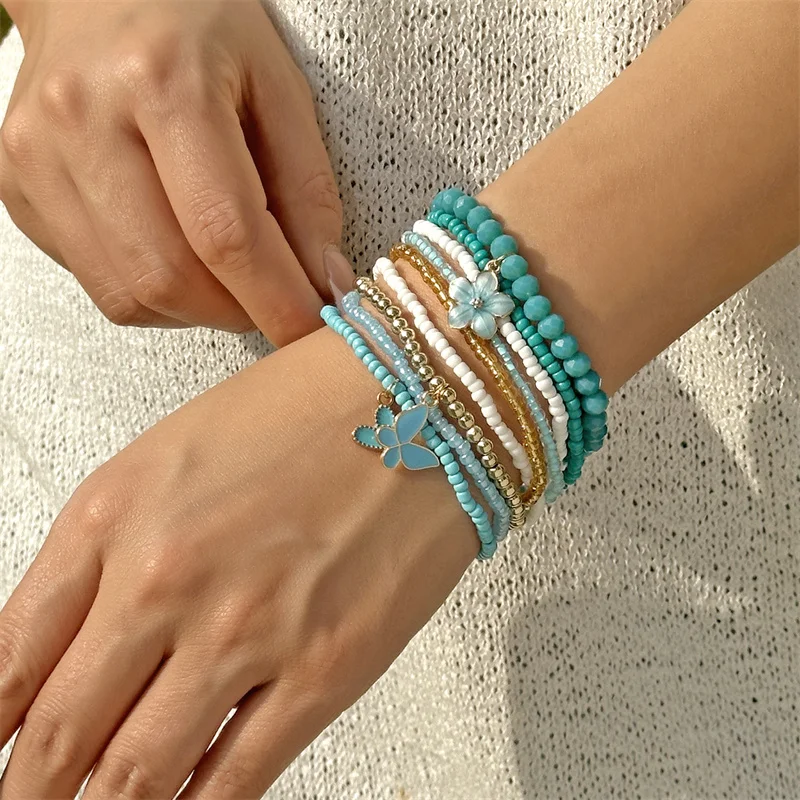 9-teiliges Set Böhmische Schmetterlings-Blumen-Anhänger-Armbänder für Frauen, Handgefertigte Reisperlen-Armbänder, Gestapelte Armbänder, Sommer-Strandparty-Schmuck – Detail 5