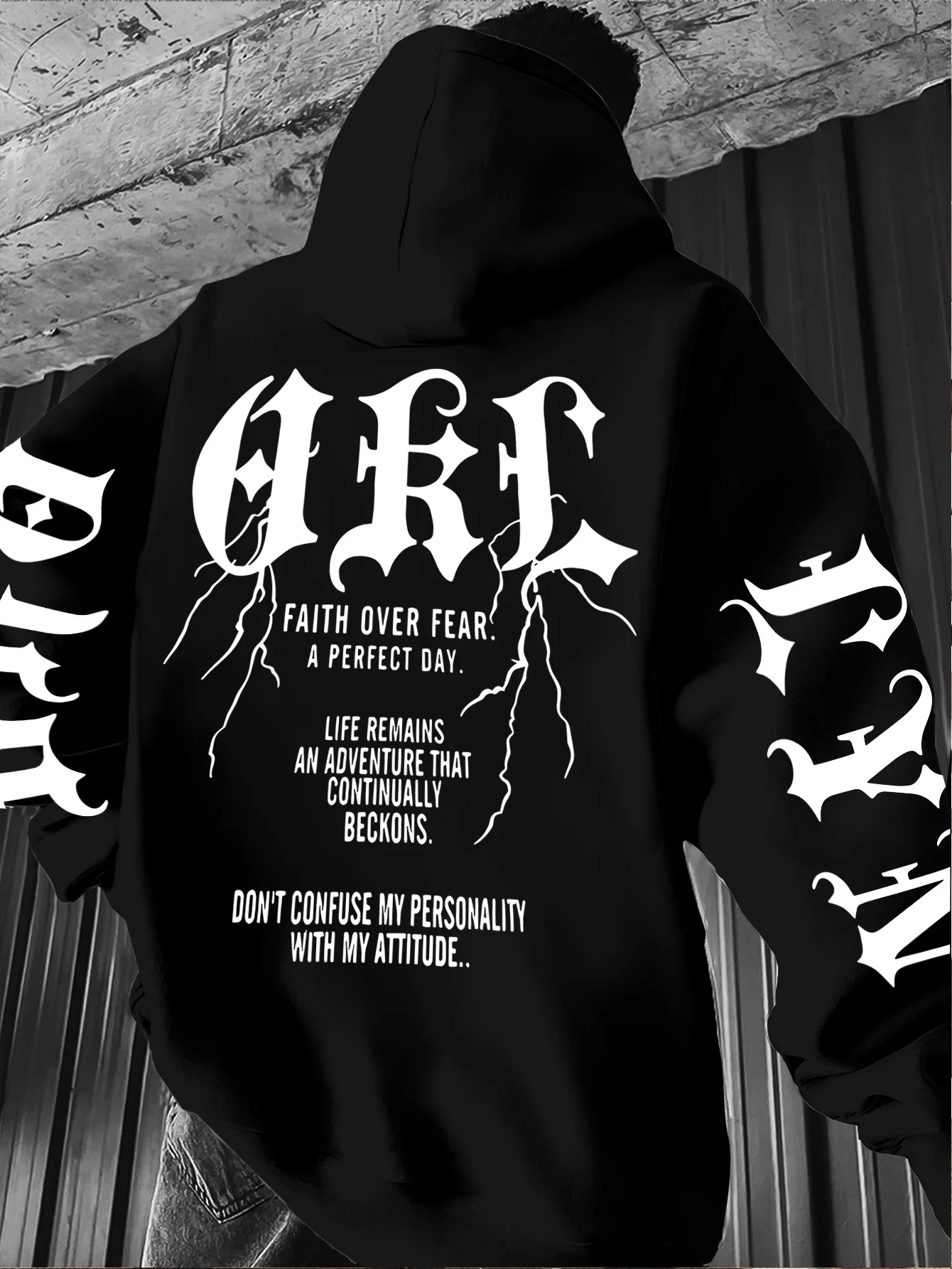 Men Sport Hip Hop Hoodie Gothic Letter Lightning Back Sleeve Print Streetwear Fleece Pullover Sweatshirt Quote Casual Outfit