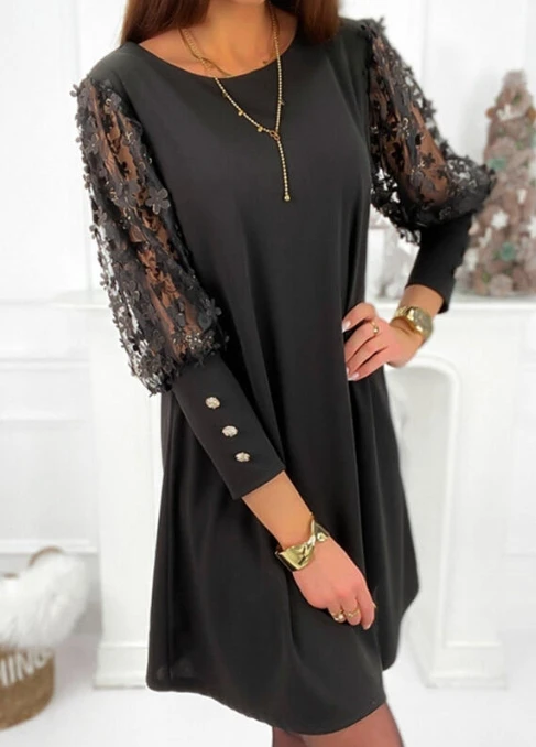 

Solid Mid Rise Urban Casual Lace Hollow Sleeve Mid Length Dress for Women's New Hot Selling Fashion 2023 Stock