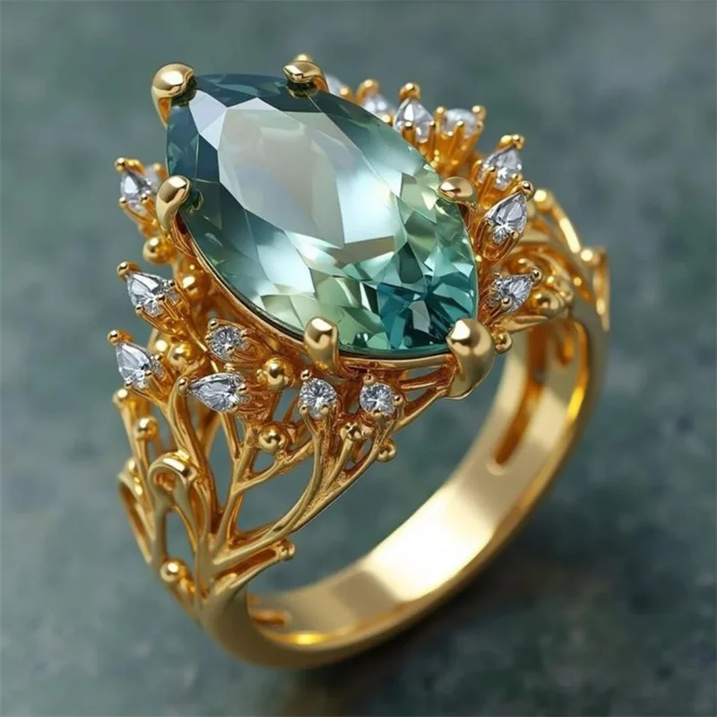 Elegant Inlaid White Green CZ Women's Ring Trendy Golden Color Hand Carving Daily Wear Party Jewelry Anniversary Gift