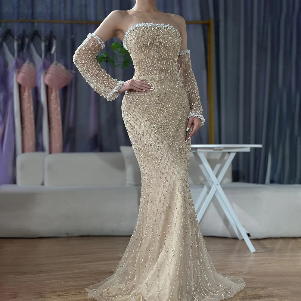 Serene Hill 2025 White Nude Arabic Evening Dresses Beaded Dress With Gloves For Formal Occasion Serene Hill 2025 White Nude Arabic Evening Dresses Beaded Dress With Gloves For Formal Occasion