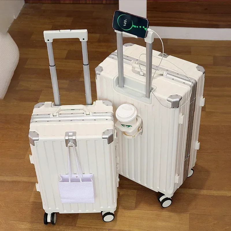 Multifunctionele Koffer Vrouwelijke Reistas Bagage met USB Bekerhouder Aluminium Frame Wachtwoord Trolley Case Mannelijke 20/22/24/26 Inch