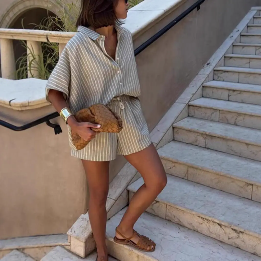 Summer Stripe Casual Loose Women's irt orts Set with ket Faionable Two-Piece Suit for Young Women Button-Up  Ne