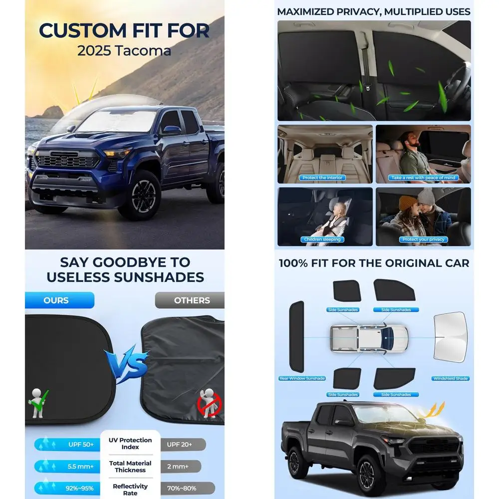 

6-Piece Car Window Shade Set for Front, Side, and Rear Windows - UV Protection, Keeps Car Cool for Travel and Camping