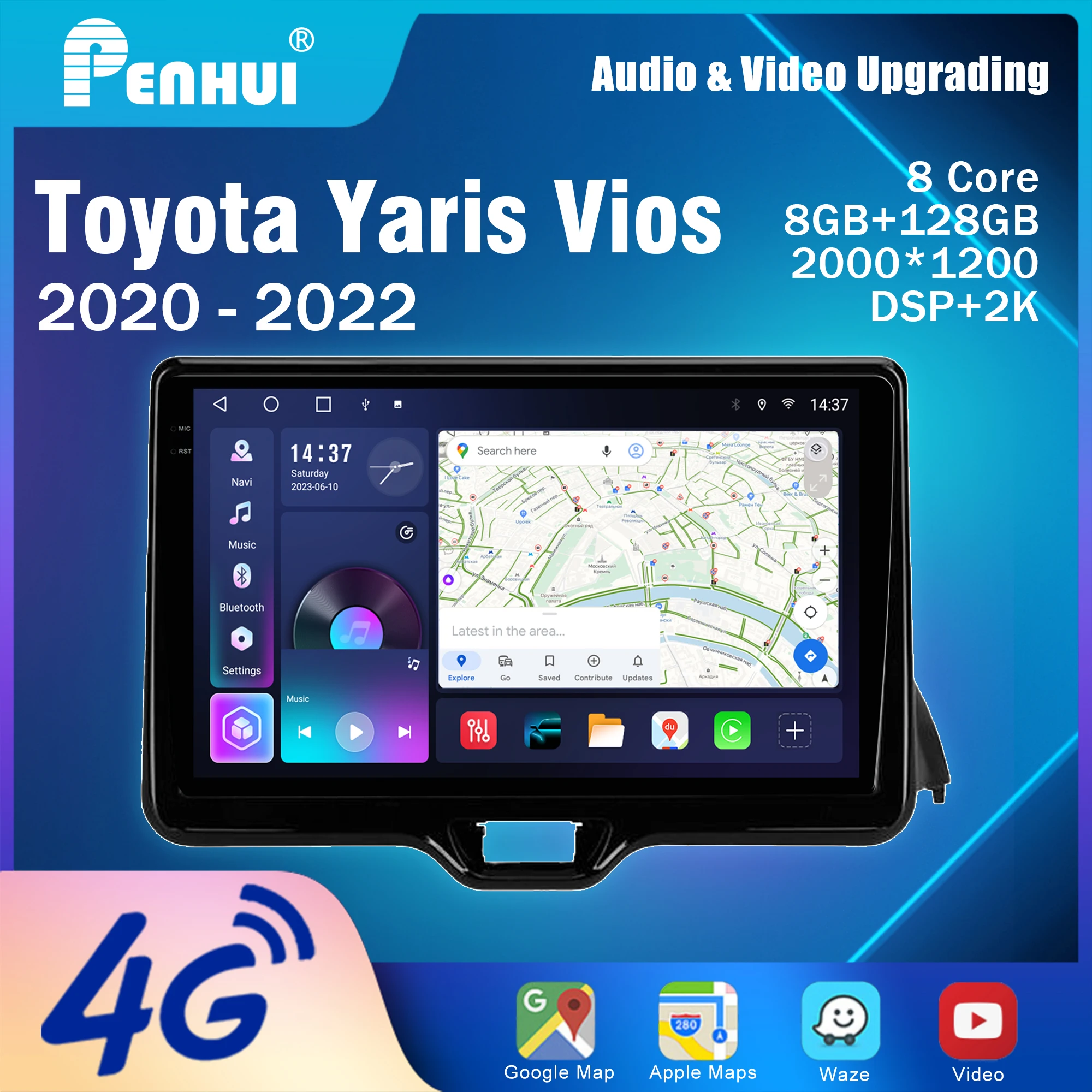 

Автомагнитола Penhui Android 2 Din для Toyota Yaris Vios 2020-2022 с мультимедийным экраном, DSP, Bluetooth, аудио и CarPlay