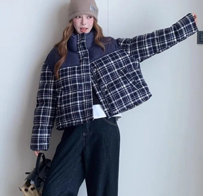 Winter Plaid Patchwork Parkas Women Preppy Style Loose Stand Collar Thick Warm Puffy Coats Retro All Match Cropped Outwear Tops