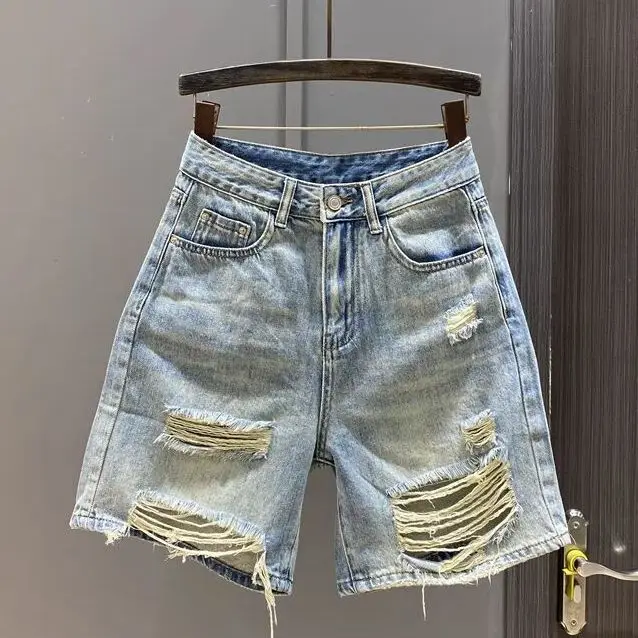 

Summer New Loose Straight Wide-leg Medium Pants Shorts Retro Blue Ripped Beggar Denim Five-point Pants Women's Jeans Shorts