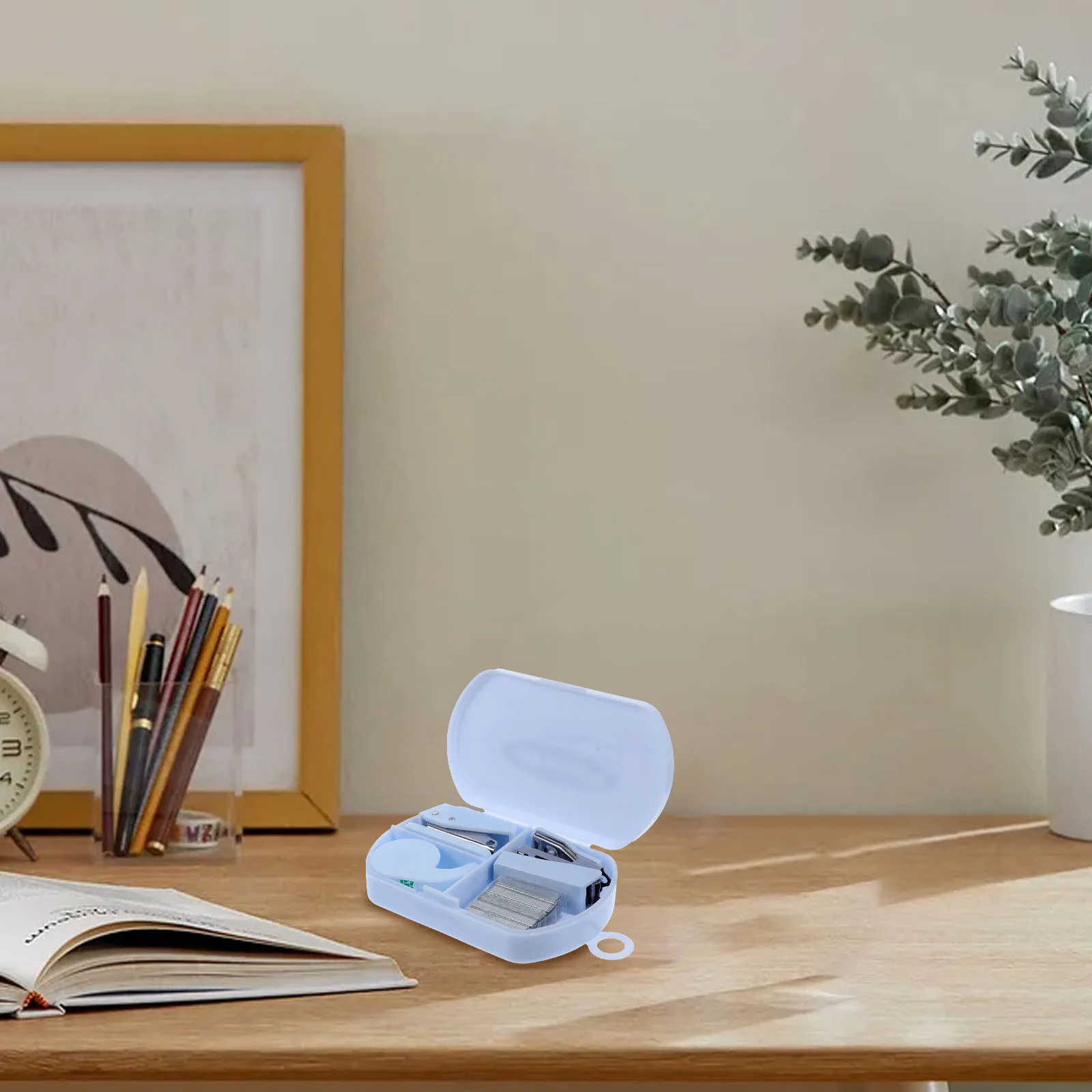 Hand Tool Box Desk Tape Dispenser Handheld Toolkit Cutter Small Stapler Blue Mini Desktop Travel