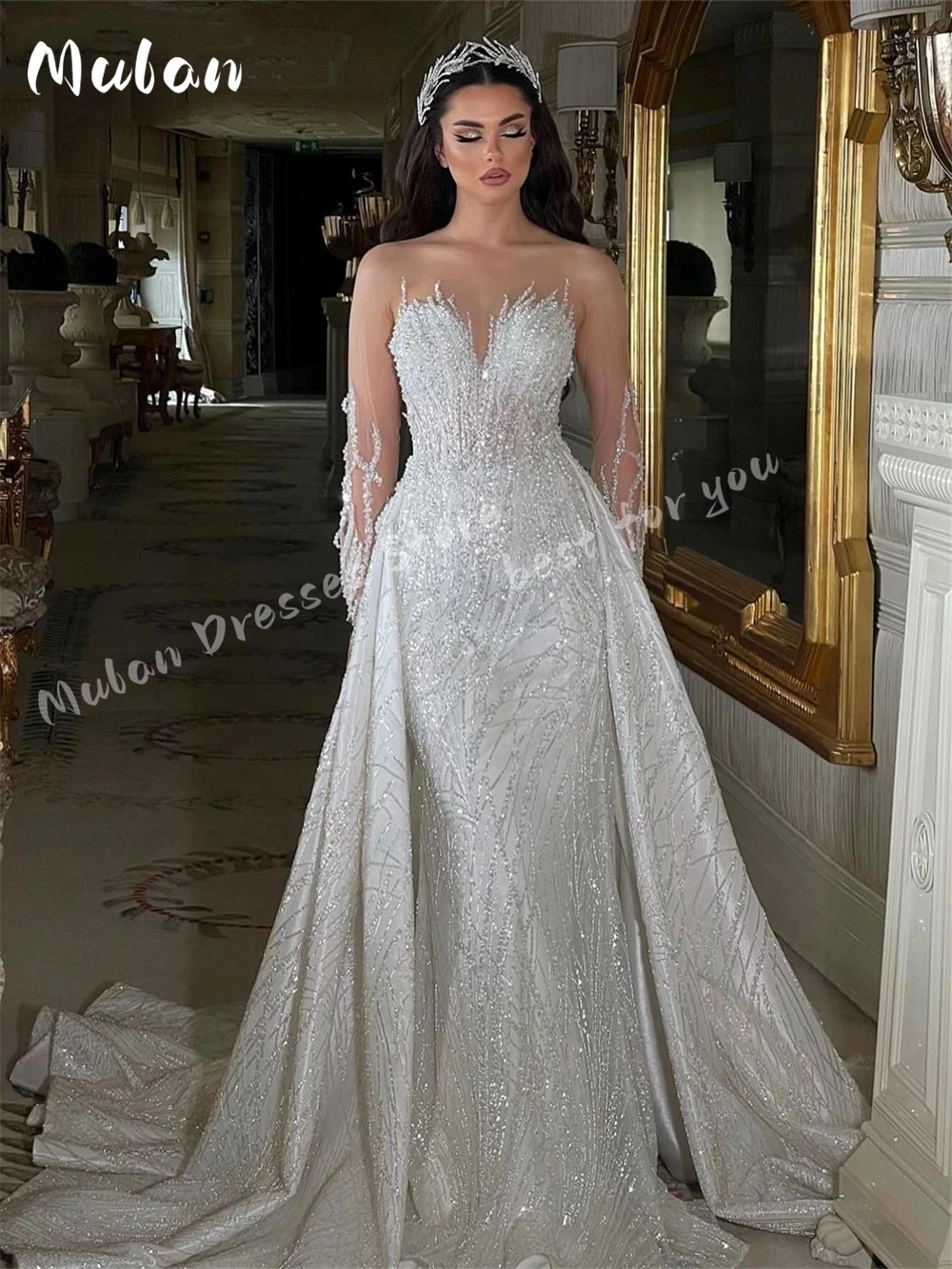 

Sheer Neck Beading Bride Dresses 2 in 1 Embroidery Wedding Dress With Illusion Long Sleeve Detachable Train Custom Bridal Gown