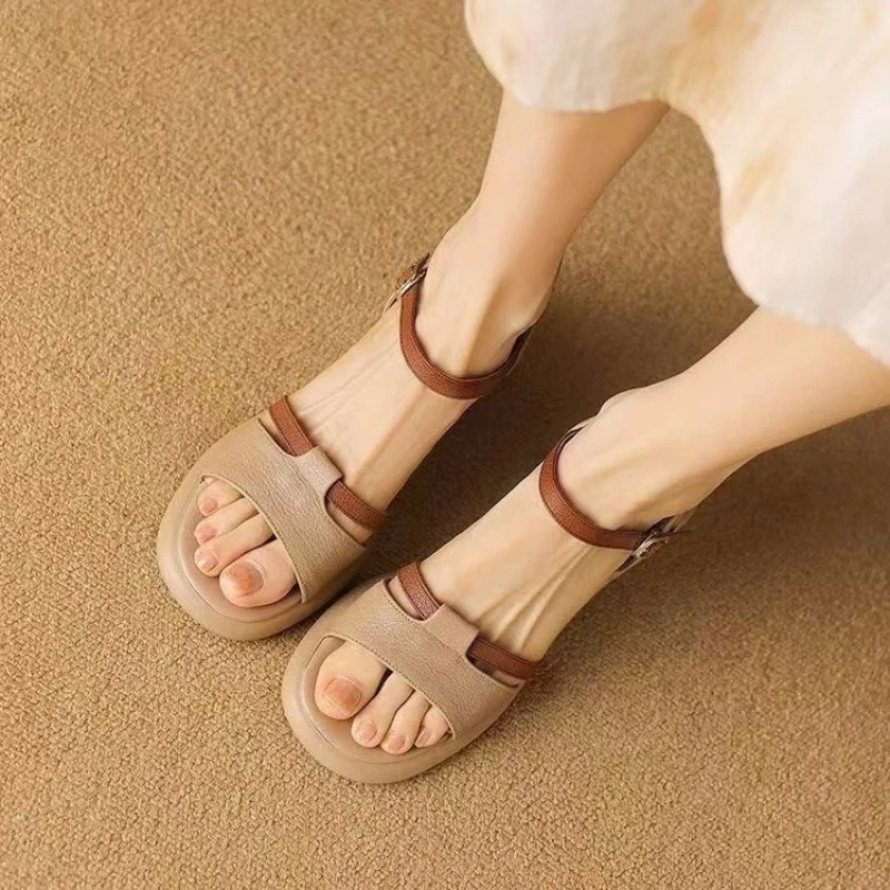 2026 New Women's Soft Leather Chunky Heel Sandals Non-slip Platform Wedge Sandals Casual Colorblock Open Toe Ankle Strap Shoes