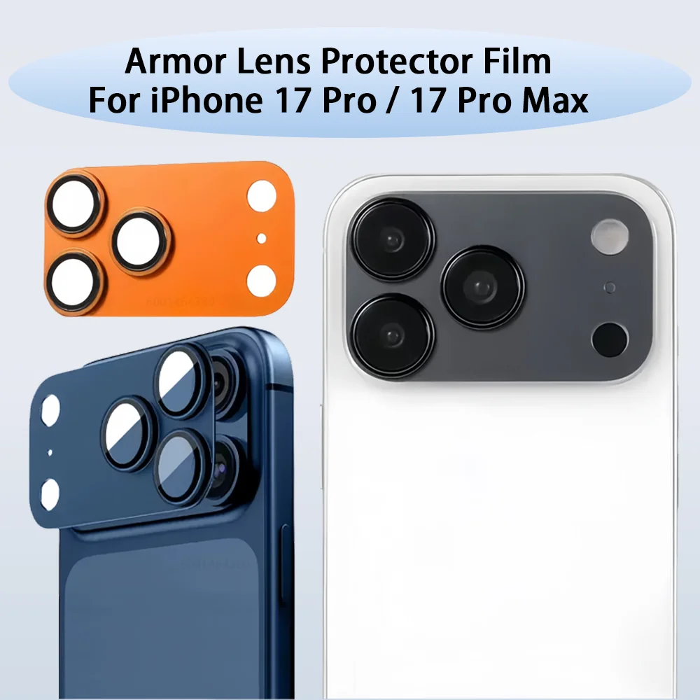 Protetor de lente de câmera com anel de metal armadura para iPhone 17 Pro Max Filme de vidro temperado laranja antiderrapante capa protetora à prova de choque