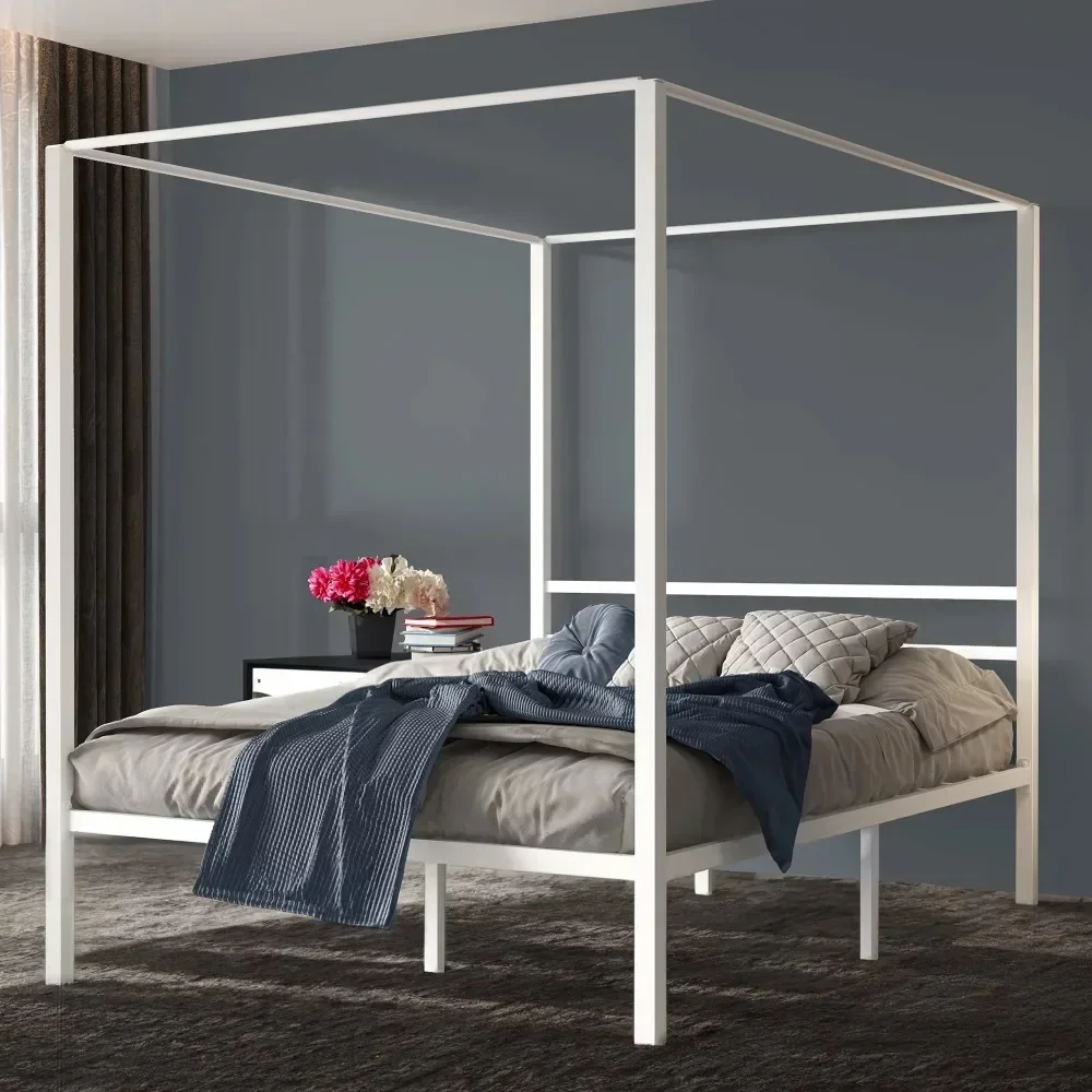 14-Inch Platform Bed Frame Queen Size White Metal Canopy Bed Frame With Sturdy Four Posts Integrated Headboard Full Bases Frames