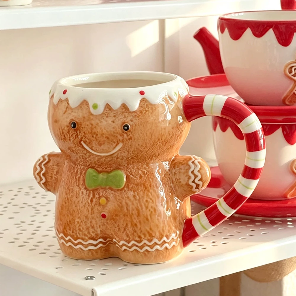 Ceramic Mug 3D Relief Cartoon Coffee Cup Candy Cane Handle Holiday Drink Family Kitchen Decoration Holiday Gift Creative Mug