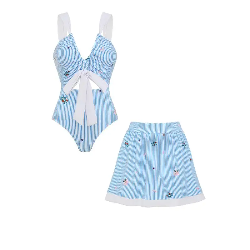 

Flaxmaker Summer One Piece Swimsuit and Skirt Fashion Sexy V-neck Blue Stripes Swimsuit Set Ladies Beach Party Swimwear 2026