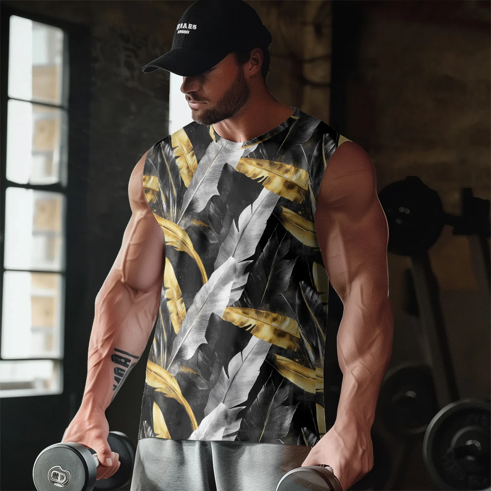 Luxury Metallic Feather Print Men Tank Tops Summer Gym Sleeveless Bodybuilding Breathable Training Vest Muscle Fitness Clothing