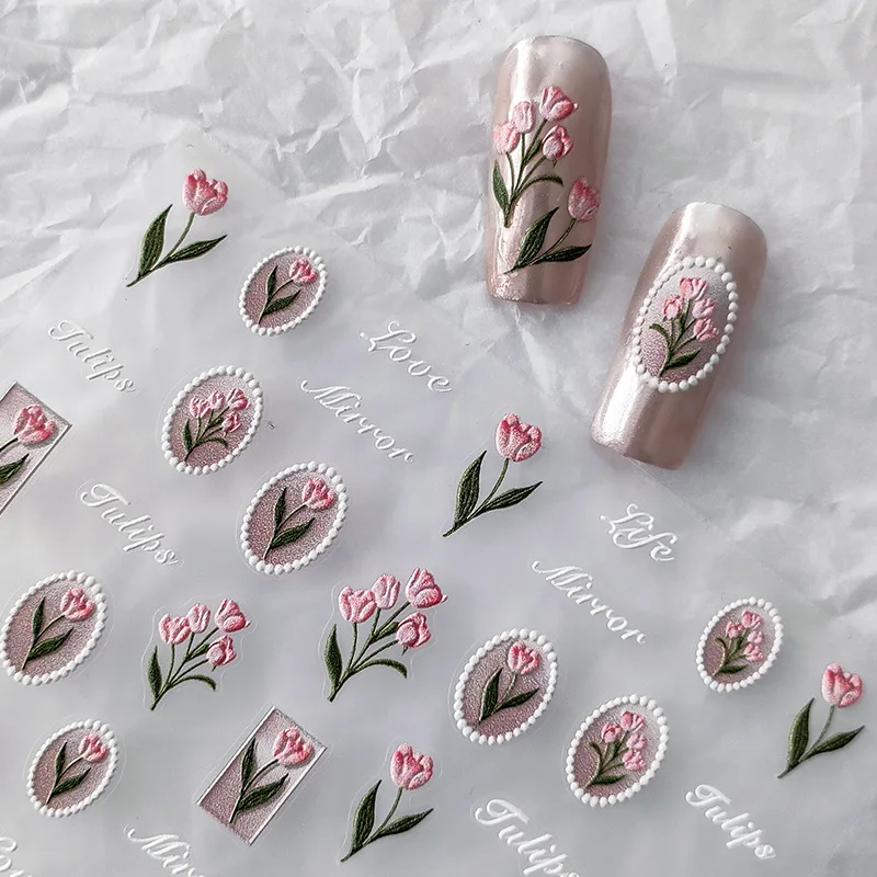 Rosa Tulpen 5d weich geprägte Reliefs selbst klebende Nail Art Dekorationen Aufkleber niedlichen Bowknot 3D Maniküre Aufkleber Großhandel