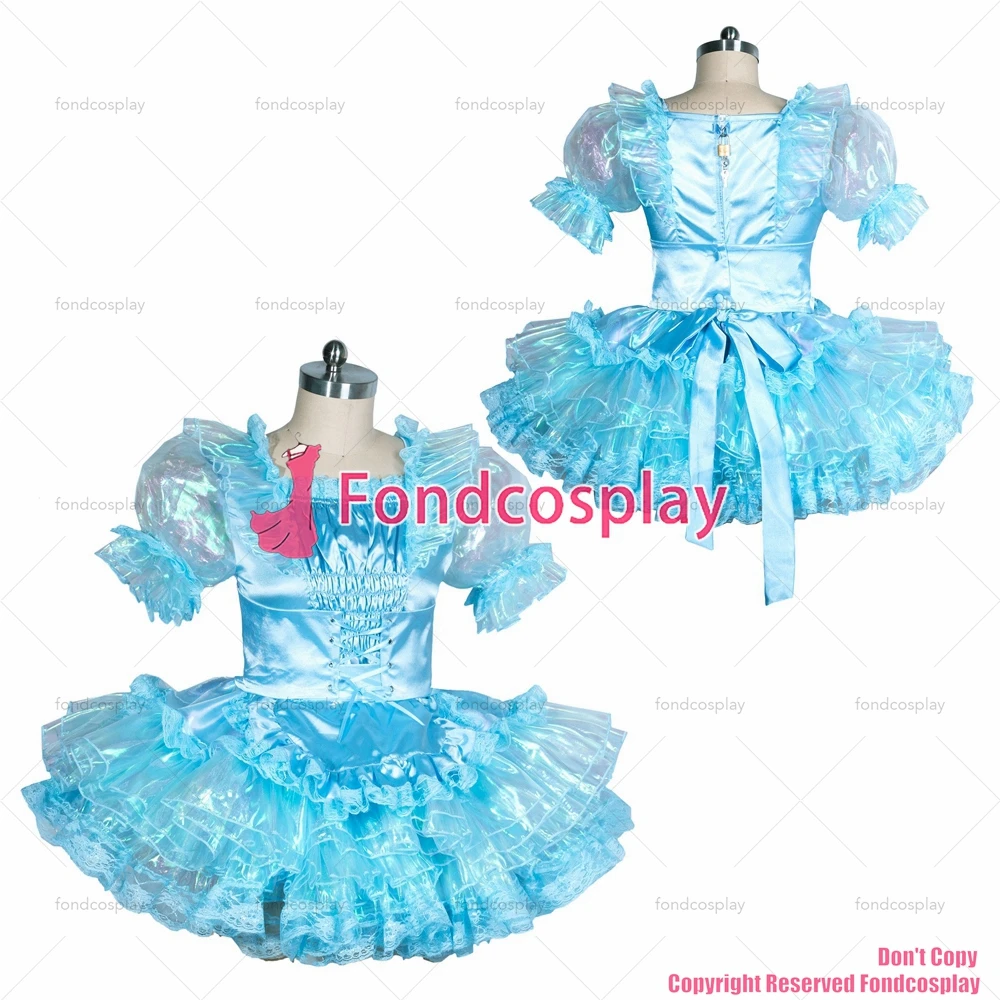 fondcosplay adult sexy cross dressing sissy maid short French lockable blue Satin-glass silk organza dress CD/TV [G3866]