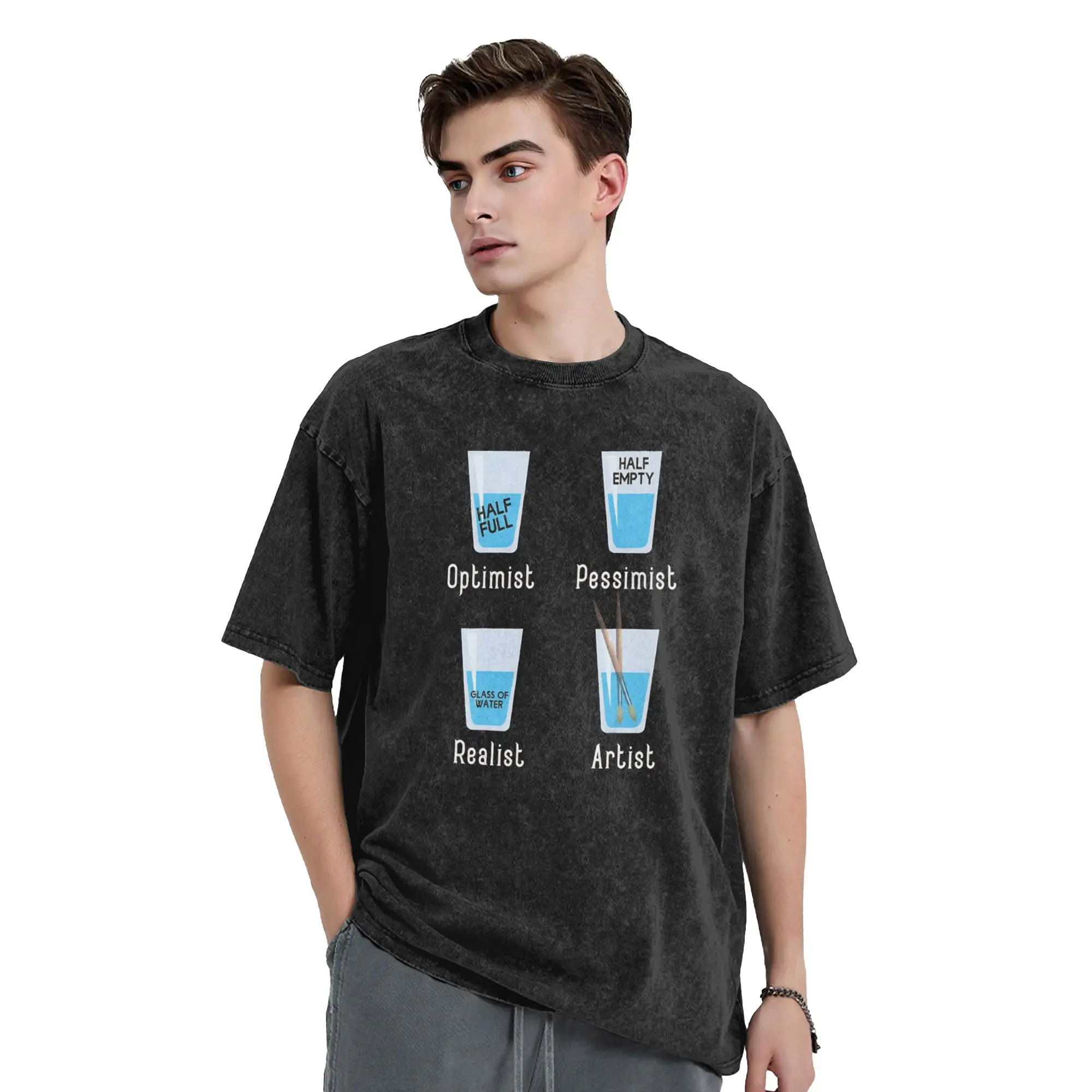 Half-Full Half-Empty Meme Psychology T Shirt Men's  Cotton Hipster T-Shirts Crew Neck  Tee Shirt Short Sleeve Tops Original