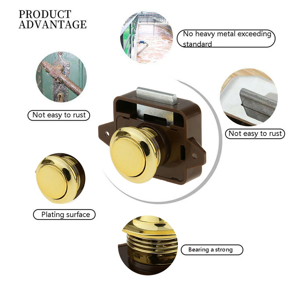 Push Button Catch Lock for RV Camper Boat Cabinet Door - Zinc Alloy Gold Handle with Locking Function Fits 15mm-18mm Doors