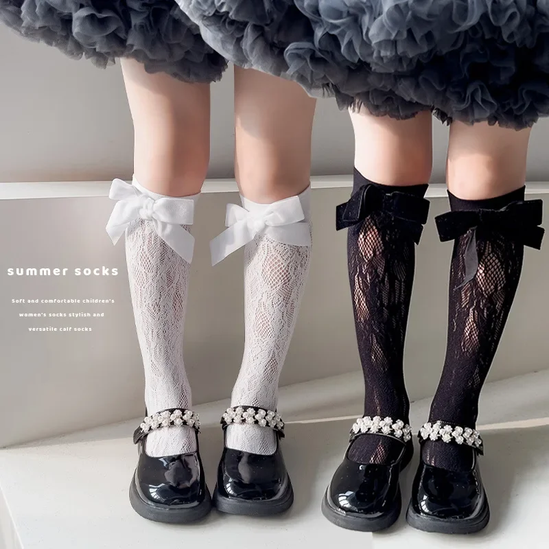 

Summer Kids Girl Sock Solid Color Lace Bow Ruffle Calf Sock for Toddler Girl Elastic Breathable Jacquard Children Sock