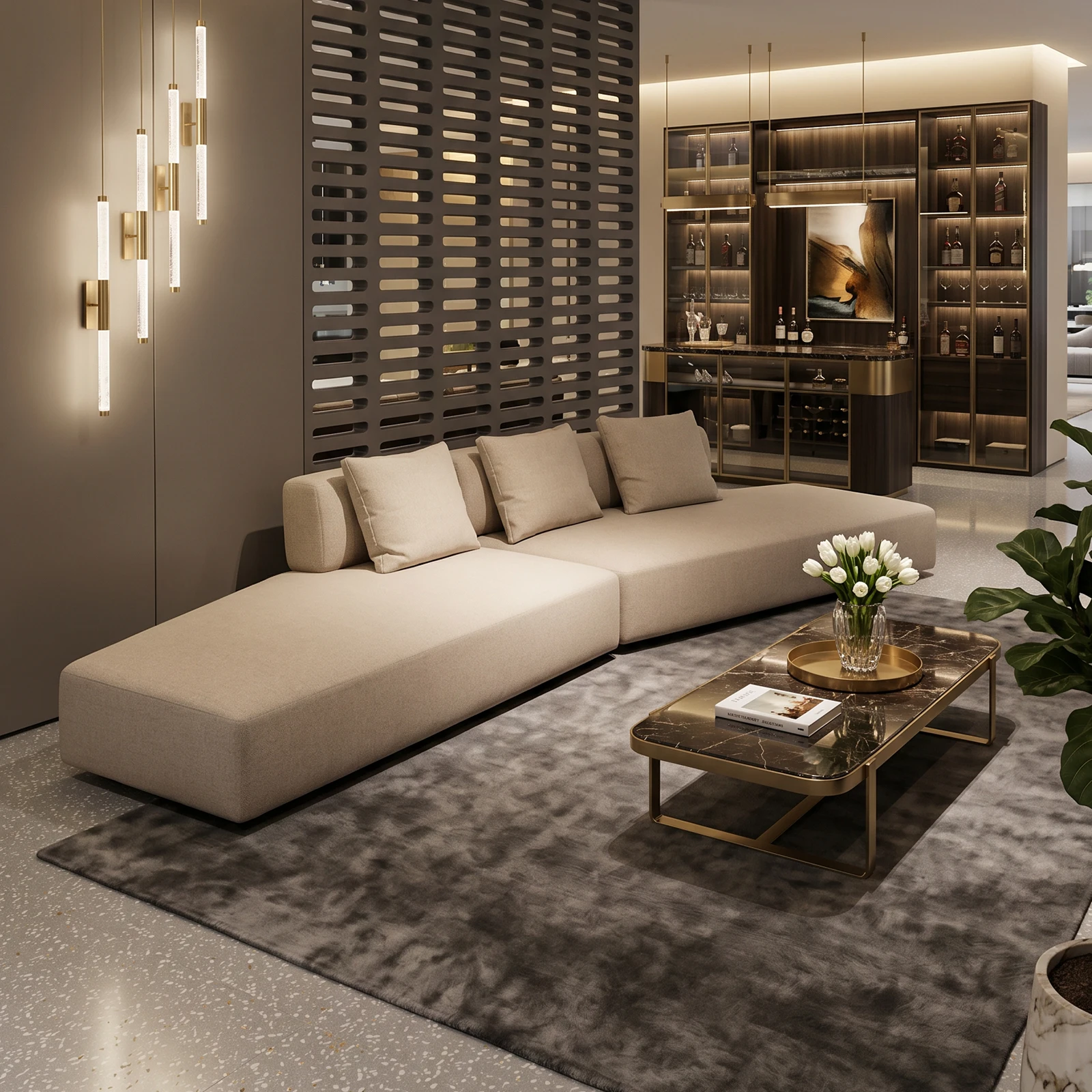 #Modern Curved Modular Sofa in Natural Cotton-Linen Fabric, Large Upholstered Modular Sofa, Living Room Sofa