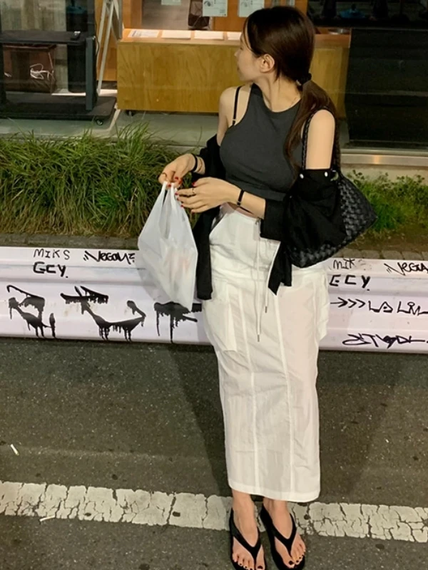 

Casual Mid-Length A-Line Skirt for Women Faionable Ba Split Design Korean Sle Commute Pure Color Skirts